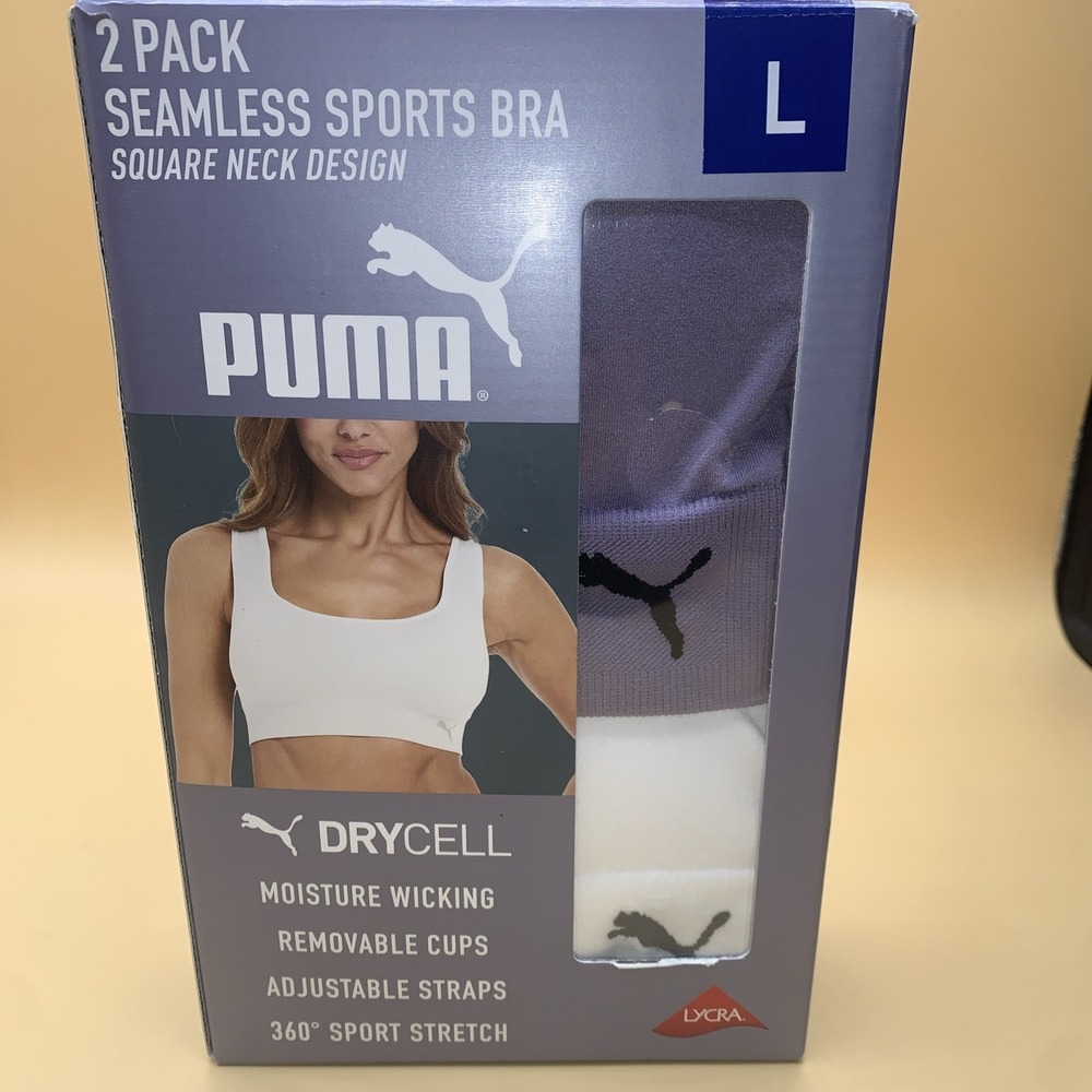 New Puma Women's 2 Pack Square Neck Seamless Wicking Sport Bra White/Lilac Large